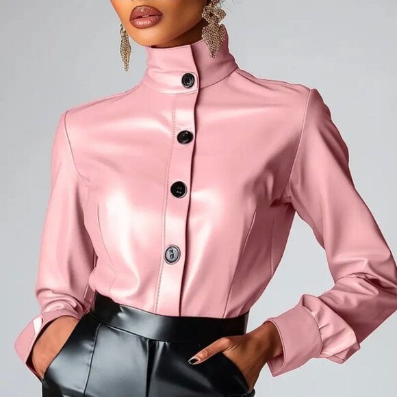 Tops - Women'S High Neck Blouse - Long Sleeve Shirt with Single Breasted Button Front